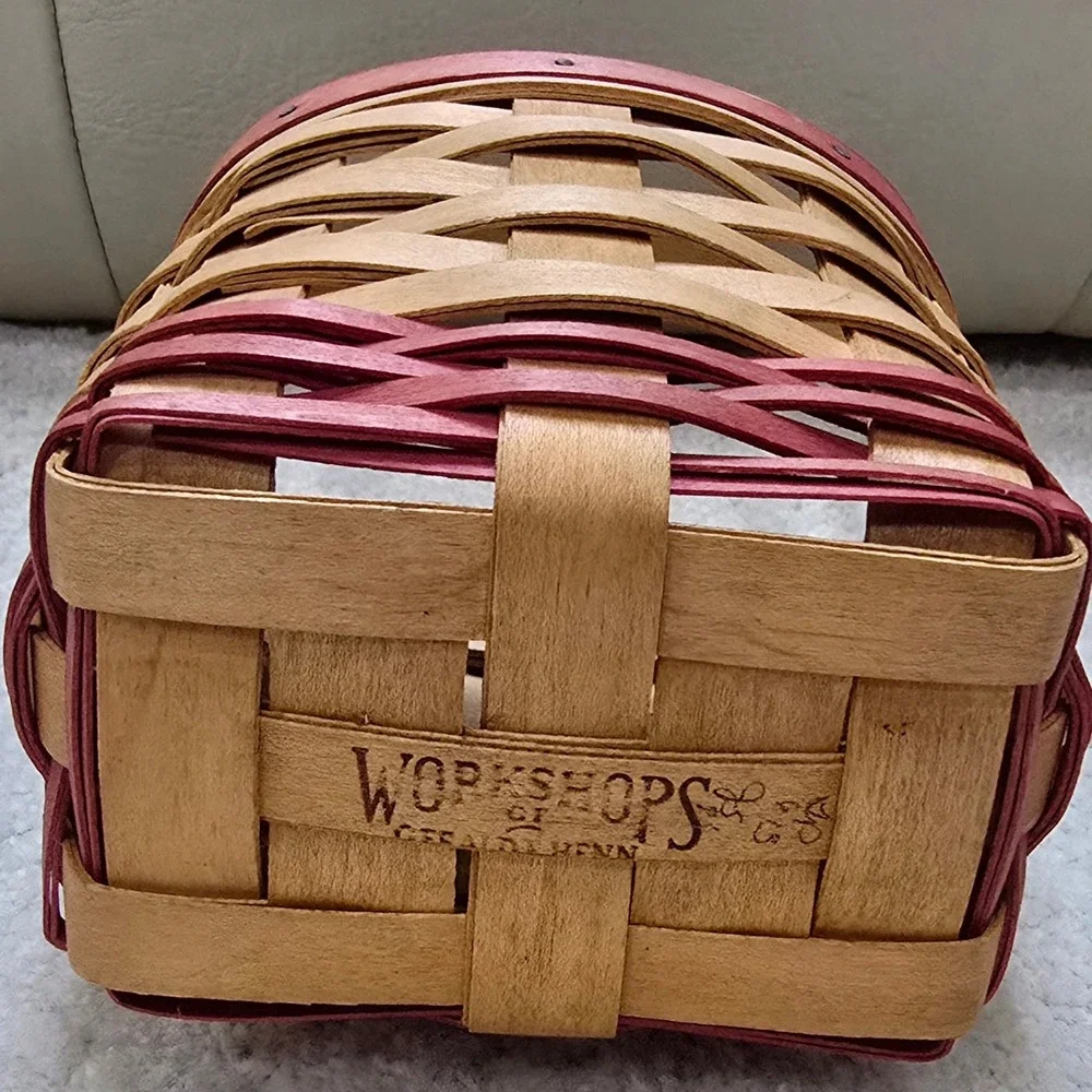 Vintage Workshops of Gerald E Henn Handwoven Wood Basket Red Trim Small Accent